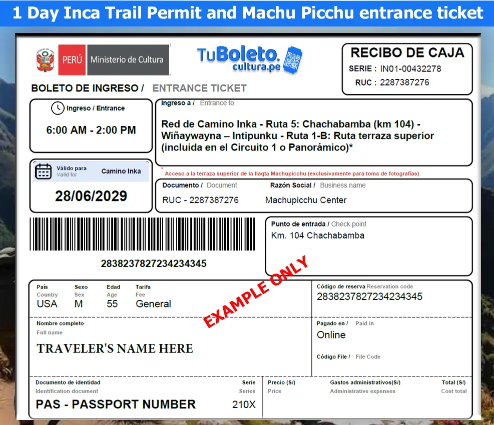 Official government permit for Inca Trail from Km104